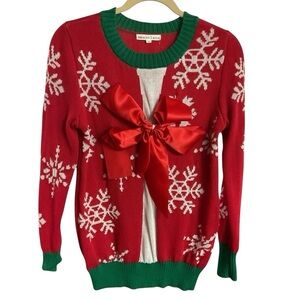 Festive Red Snowflake Sweater with Bow